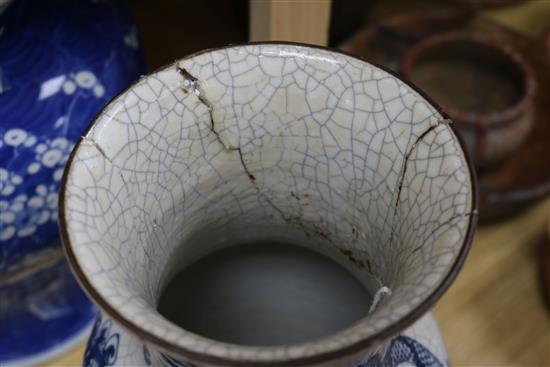 A large 19th century Chinese blue and white vase and cover and a crackle glaze dragon vase tallest 42cm